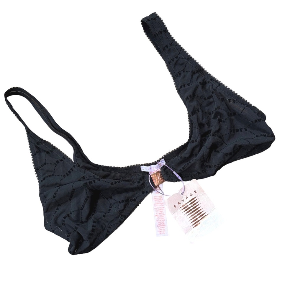 Savage X Fenty Black Flocked Logo Mesh Bralette Rose Gold Hardware Womens Large